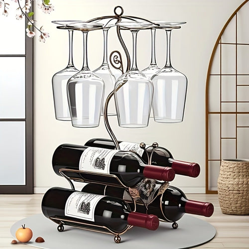 Wine Rack, Countertop with Glass Holder, Holds 4 Bottles & 6 Glasses, Iron Retro Bar Rack shown in the main product view